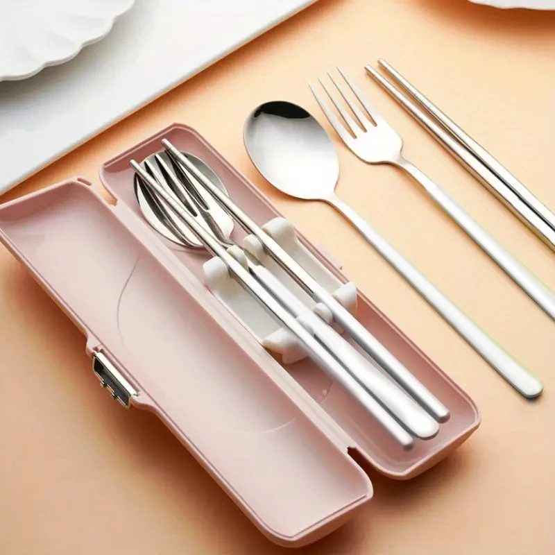 

304 Stainless Steel Portable Tableware Bow Imitation Leather Pattern Box Korean Style Spoon Fork Chopsticks Three Piece Set