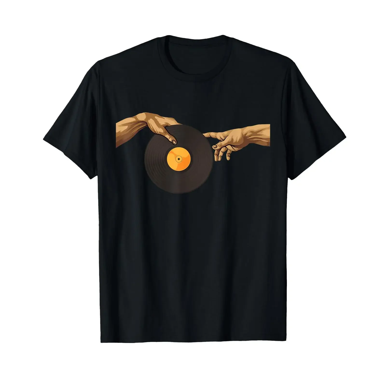 Michelangelo DJ Creation of Adam Hands Art 90s Vinyl Record T Shirt vintage Washed Stretched fashion Casual Soft Stylish