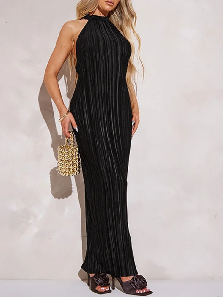 

Sexy Backless Girdling Waist Slim Halter Bodycon Maxi Dress Women Sleeveless Stripe Long Dress Evening Club Party Vestidos