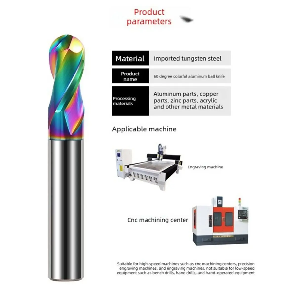 HRC55 2 Flute Steel Carbide Ball Nose End Mill Colorful Coated High Gloss Milling Cutter R2xD4x50mm