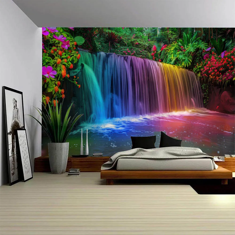 

Colorful Waterfall Art Large Tapestry Forest Landscape Fabric Mural Starry Sky and Palm Tree Aesthetics Home Decoration