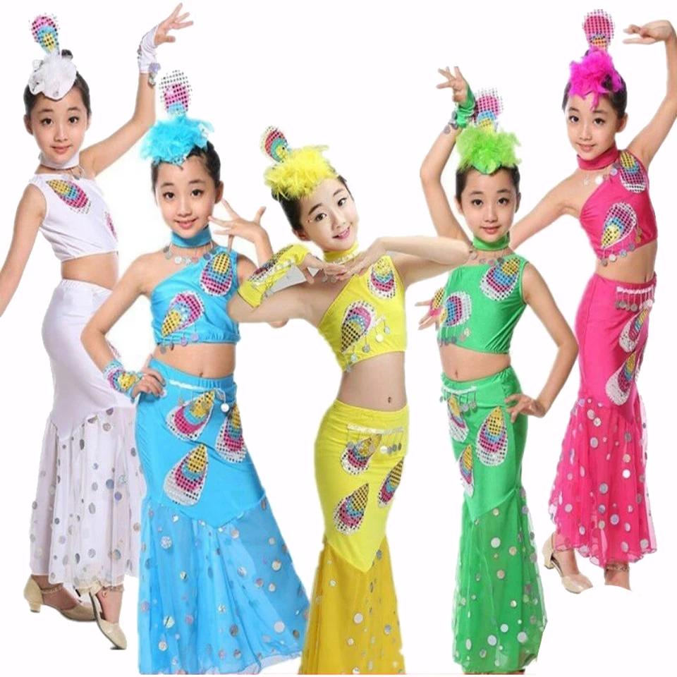 Indian Bollywood Dance Costume Kids Sexy Belly Dance Costume Set Peacock Dress Suit Girls Long Belly Mermaid Tail Costume Skirt