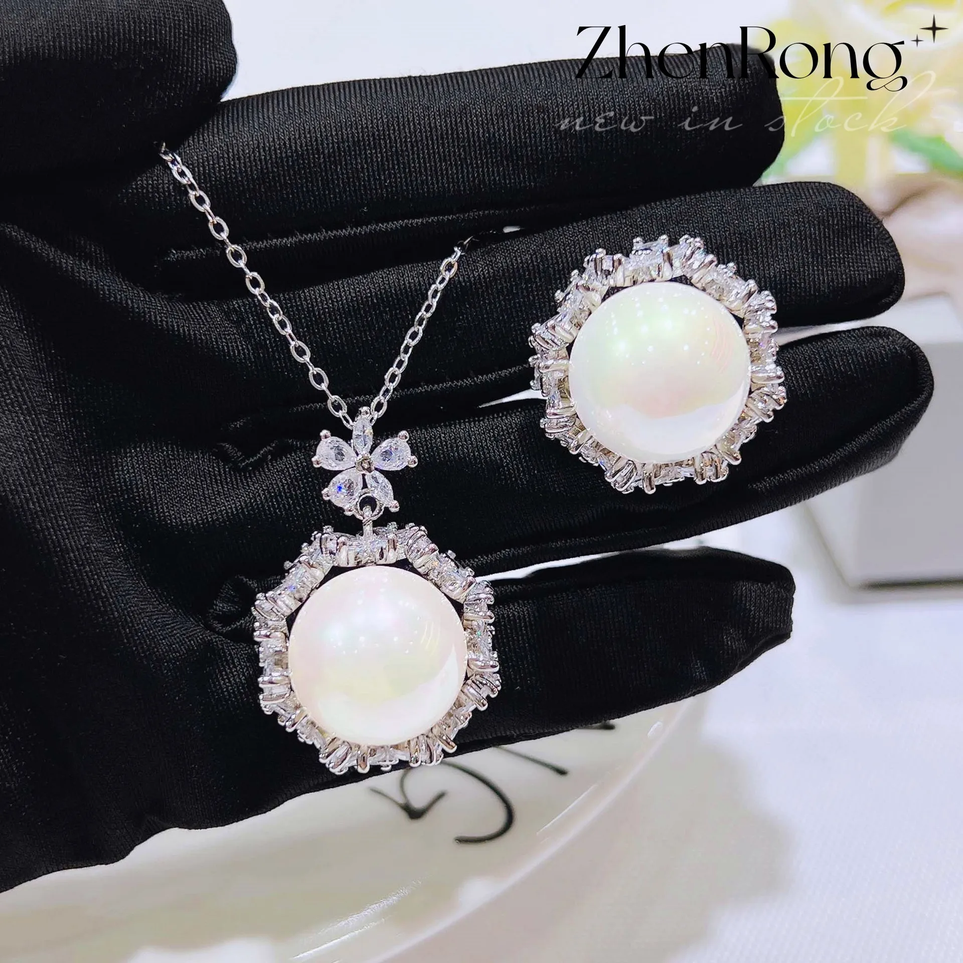 Retro Baroque Freshwater Pearl Jewelry Set Luxury Platinum Plating Elegant Female Ring Earring Necklace Romantic Birthday Gift