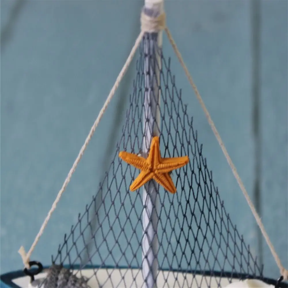 Mediterranean Style Sailing Boat Model Wooden Handmade Wooden Sailing Boat Shells Accent Fishing Net Accent Nautical Decor