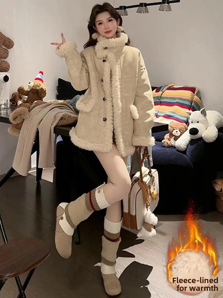 Retro Korean Style Women\'s Long Sleeve Fur Leather Coat Autumn Winter Warm Casual Loose Fit Button up Cotton Padded Jacket