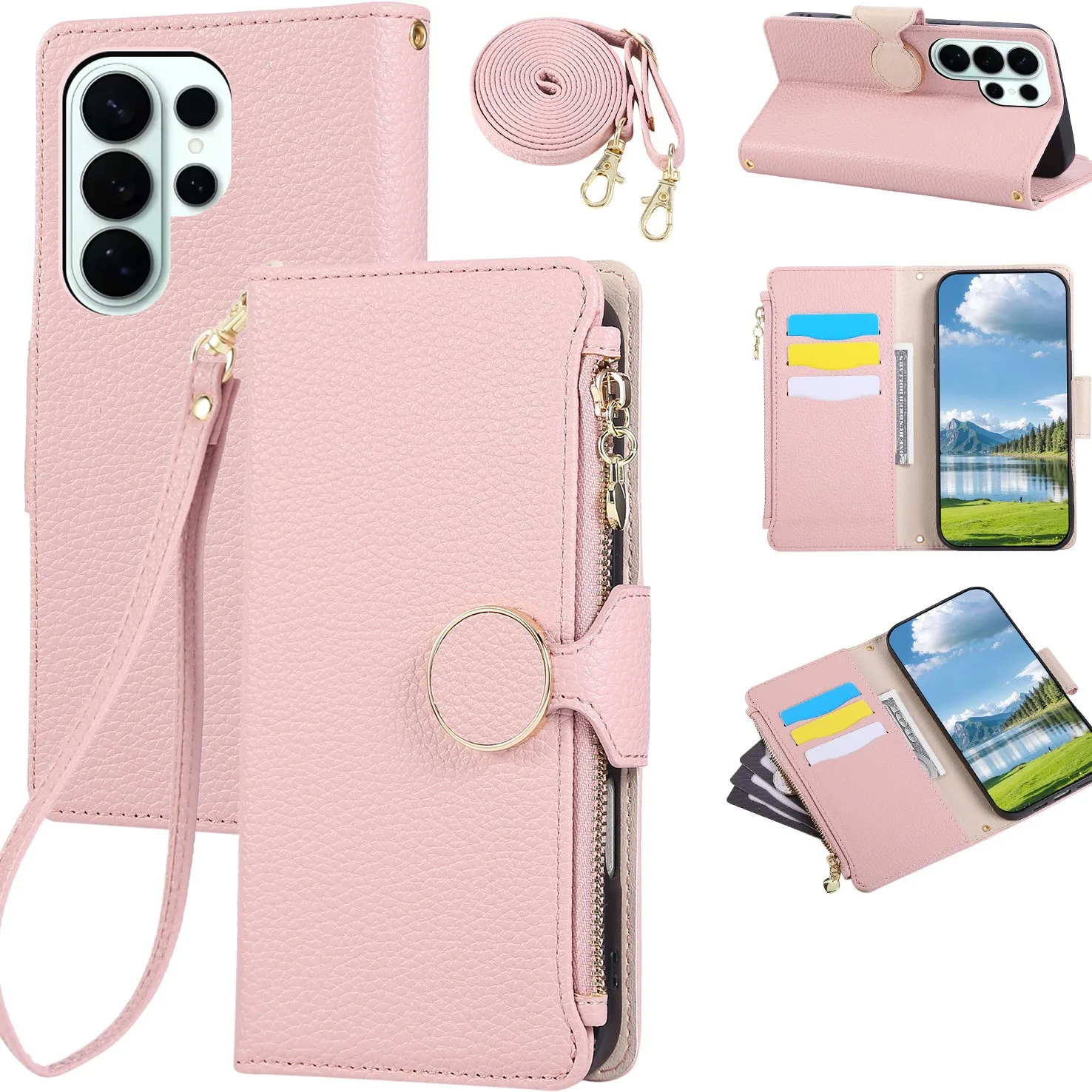 Aplicable a la funda tipo cartera con cremallera Samsung S26 Ultra. Bolso de cuero artificial con tapa abatible y cierre redondo de color liso para mujer S26.