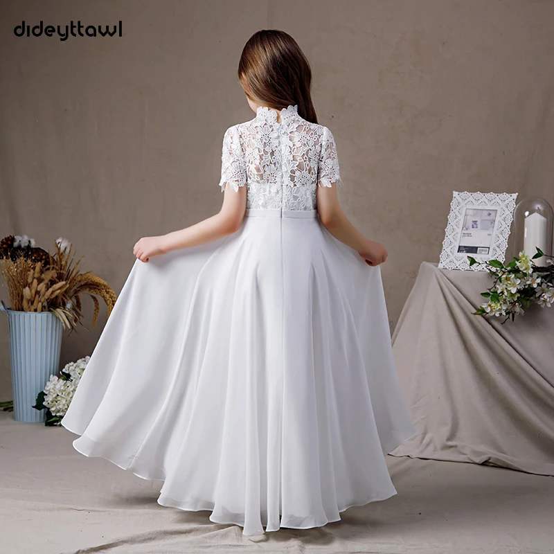 Dideyttawl Customized White High Neck Chiffon First Communion Dresses Lace Junior Bridesmaid Gown Concert Birthday Party