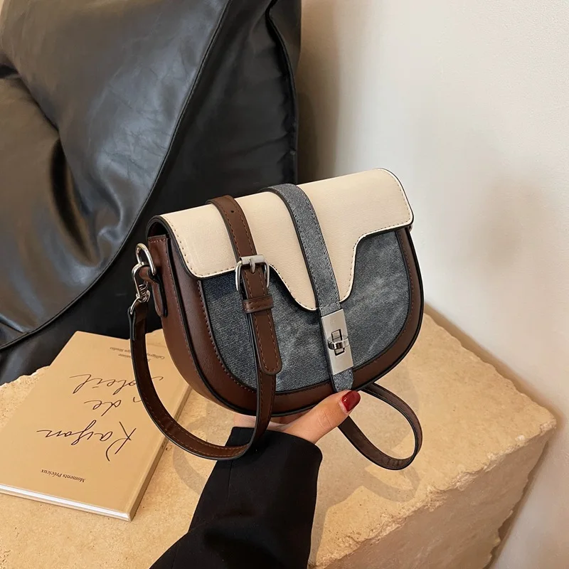 

Fashionable French-style niche women's bag, new high-end trendy shoulder and crossbody bag, PU color-block saddle bag
