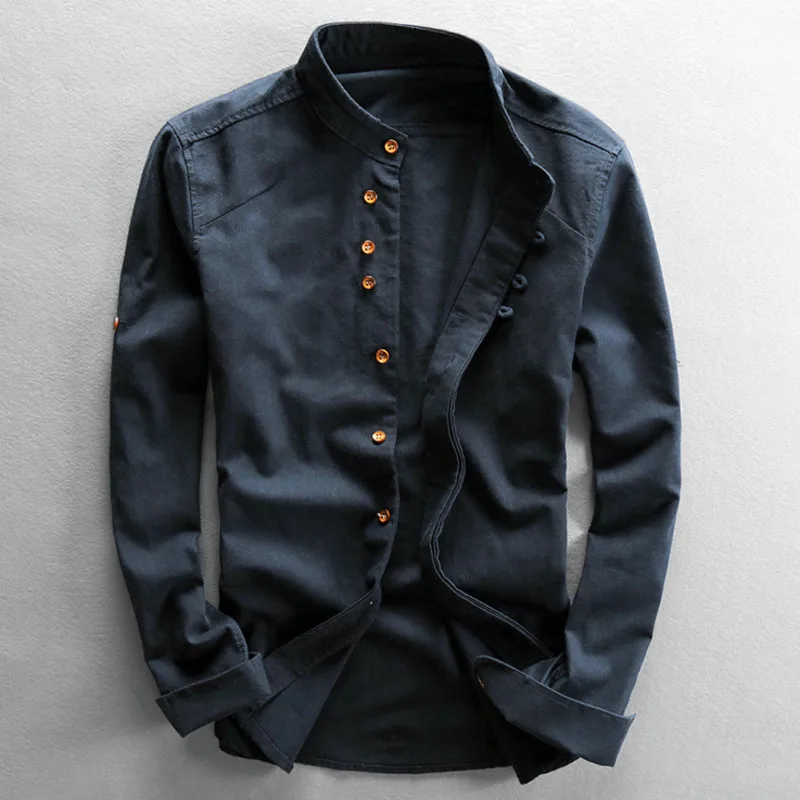 Japoński styl Męska lniana bawełniana koszula Harajuku Stójka Kołnierzyk Długi rękaw Slim Fit Jednolity kolor Męskie Casual Oddychające Klasyczne topy
