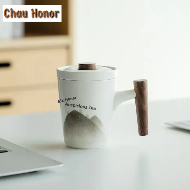 300ml Retro Wooden Handle Lid Filter Glass Tea Cup Tea Water Separation Scented Tea Cup Office Flower Tea Separation Tea Mug