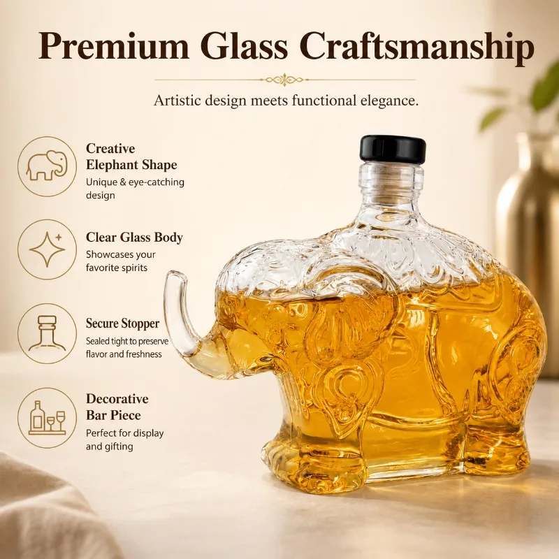 Creative Elephant Shaped Glass Decanter Whiskey Bourbon Liquor Bottle with Decorative Pattern for Home Bar Display