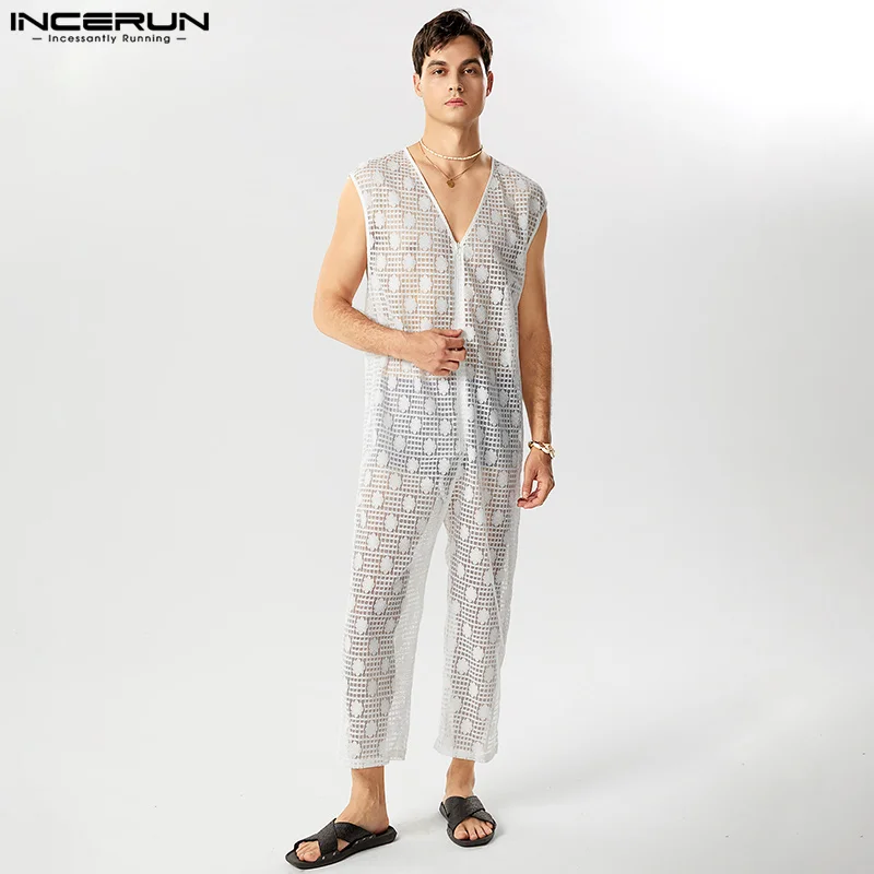 

INCERUN 2024 Handsome Men Jumpsuits Lace Tracery V-neck Sleeveless Bodysuits Leisure Hot Sale Slightly Transparent Rompers S-5XL