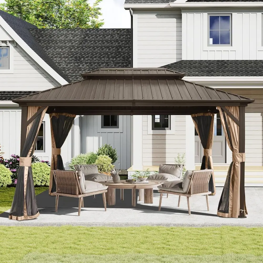 

Domi 10'x12' Hardtop Gazebo, Outdoor Metal Gazebo with Galvanized Steel Double Roo, Curtains & Netting, Permanent Pavilion or Pa