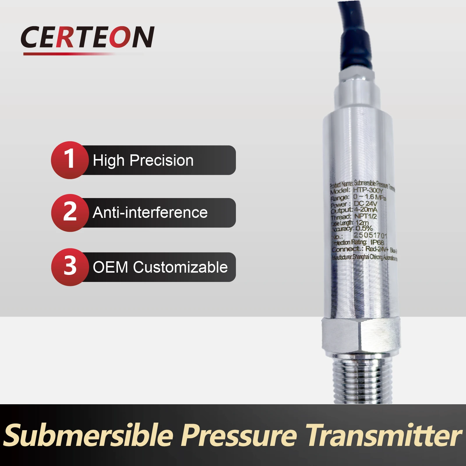 

HTP-300Y 4-20mA Submersible Pressure Transmitter IP68 Waterproof Marine Level Sensor Stainless Steel Hydrostatic Liquid Sensor