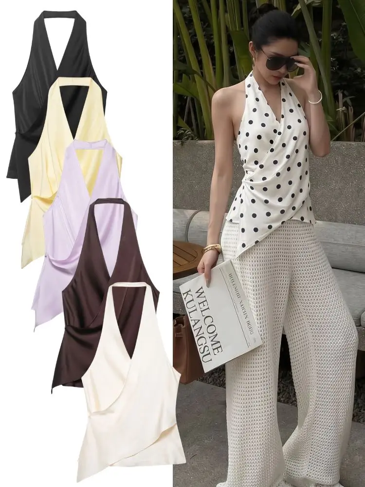 

HH Summer Elegant Satin Textured Polka Dot Halter Neck Tops For Women Asymmetric V-Neck Backless Sleeveless Sexy Party Camisole