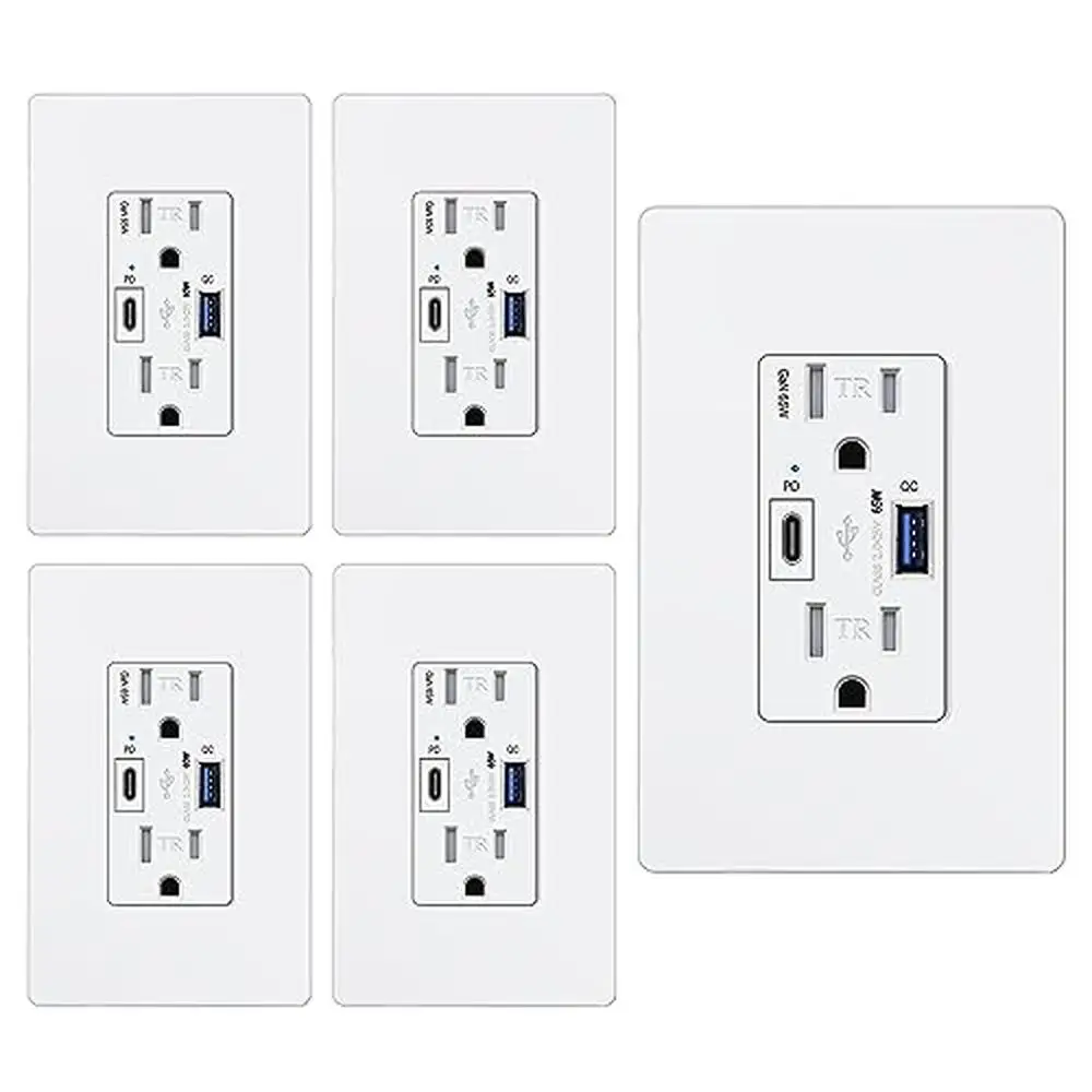 GaN 65W USB C Wall Power Outlets 5 Pack Type C PD 3.0 PPS Quick Charger 3.0 Laptops Phones Tablets Slim Durable Tamper Resistant