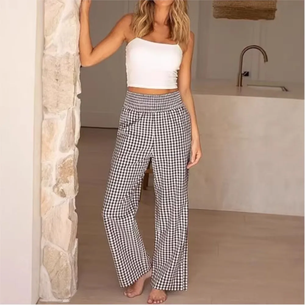Women's Clothing Long Pants Plaid Printed Contrast Loose Wide-leg Trousers Casual Simple Style Temperament All-match Comfortable