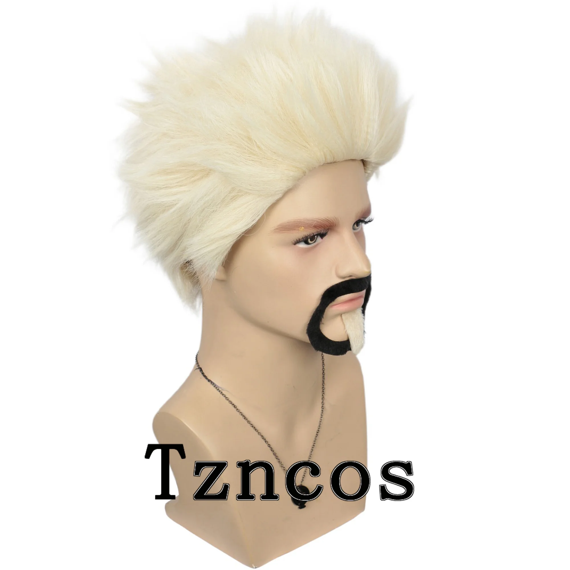 Tzncos ショート ペール ブロンド ウィッグとひげのセット、象徴的なコスプレ、ハロウィーンの衣装、テーマイベントに最適