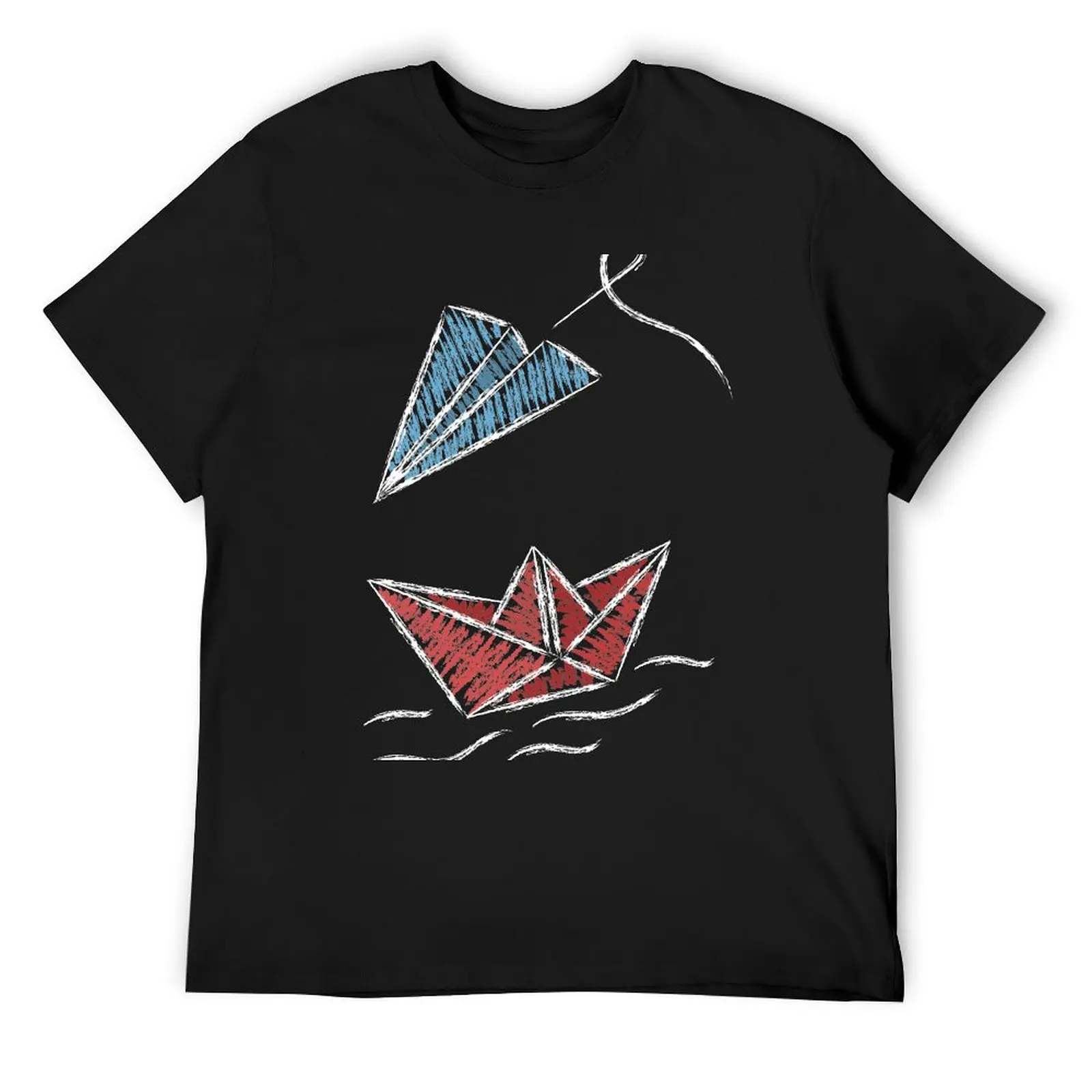 Paper boat and plane on blackboard T-Shirt blanks kawaii clothes plus size tops plain t shirts men