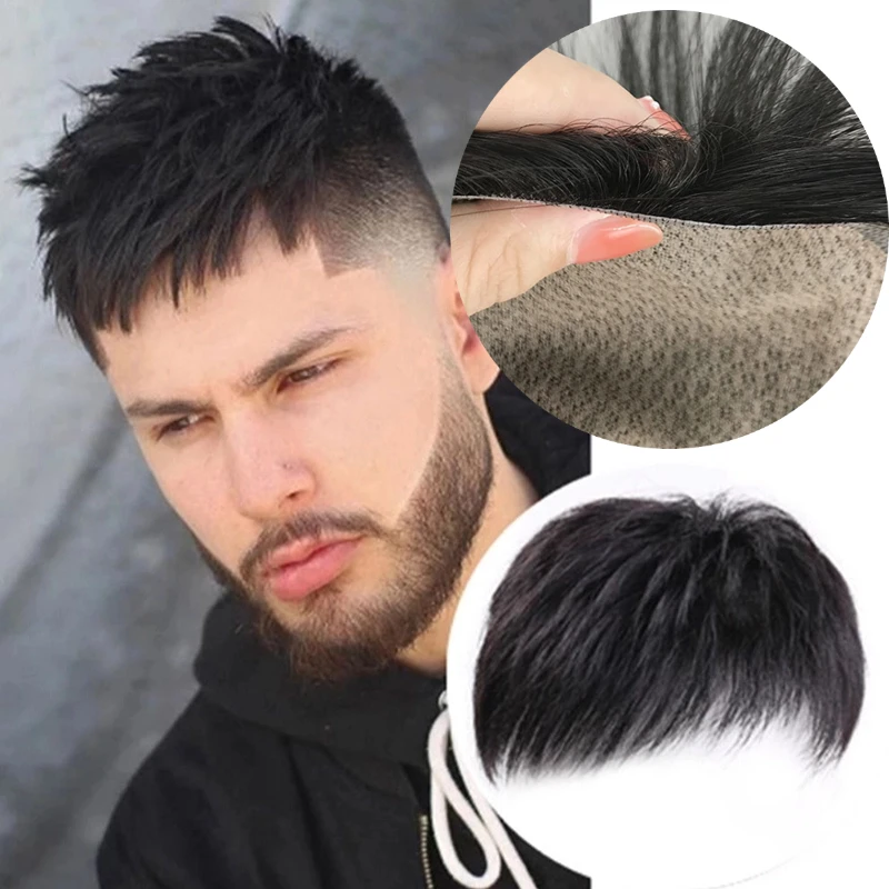 Sistema de cabello humano Real para hombres, Base de seda, cabello negro Natural, peluquín de Base suave, prótesis de cabello para hombres