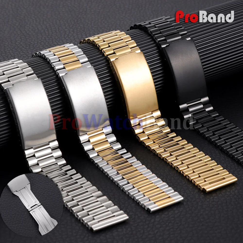 Classic Stud Stainless Steel Bracelet Strap Silver Gold Watch Band 18 20 22mm Metal Folding Clasp Men Women Universal Wristbands