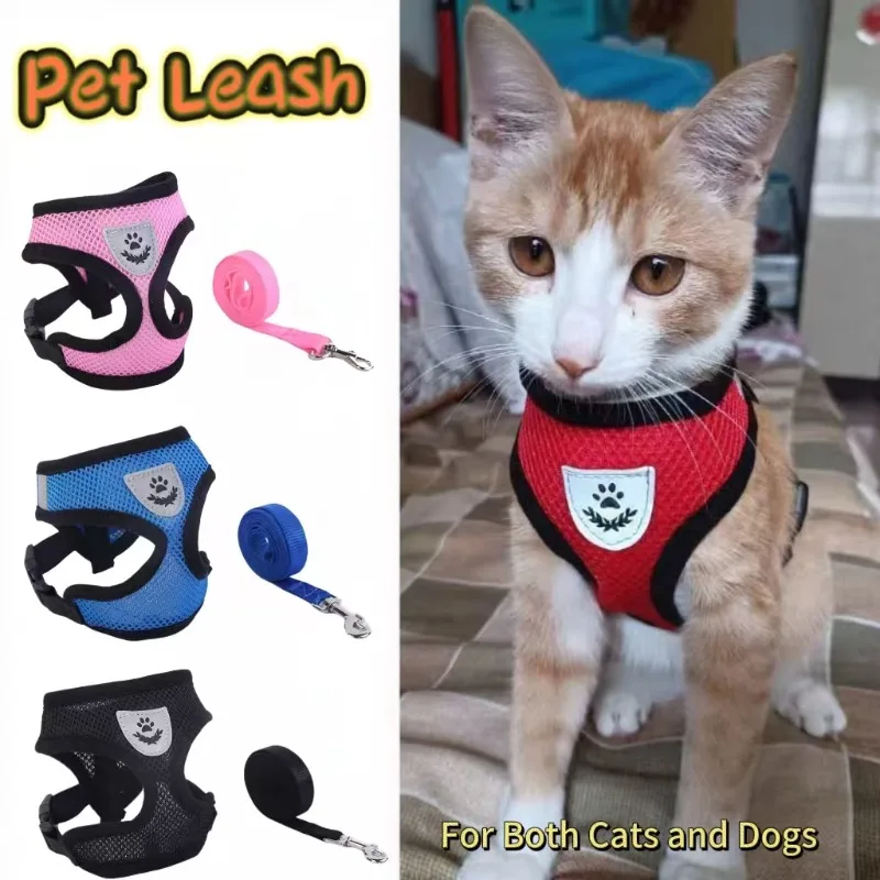 Sommer-Katzen-Hundegeschirr, Leine, verstellbare Weste, Polyester-Mesh, atmungsaktive Geschirre, reflektierend, für kleine Hunde, Katzen, Lesäume