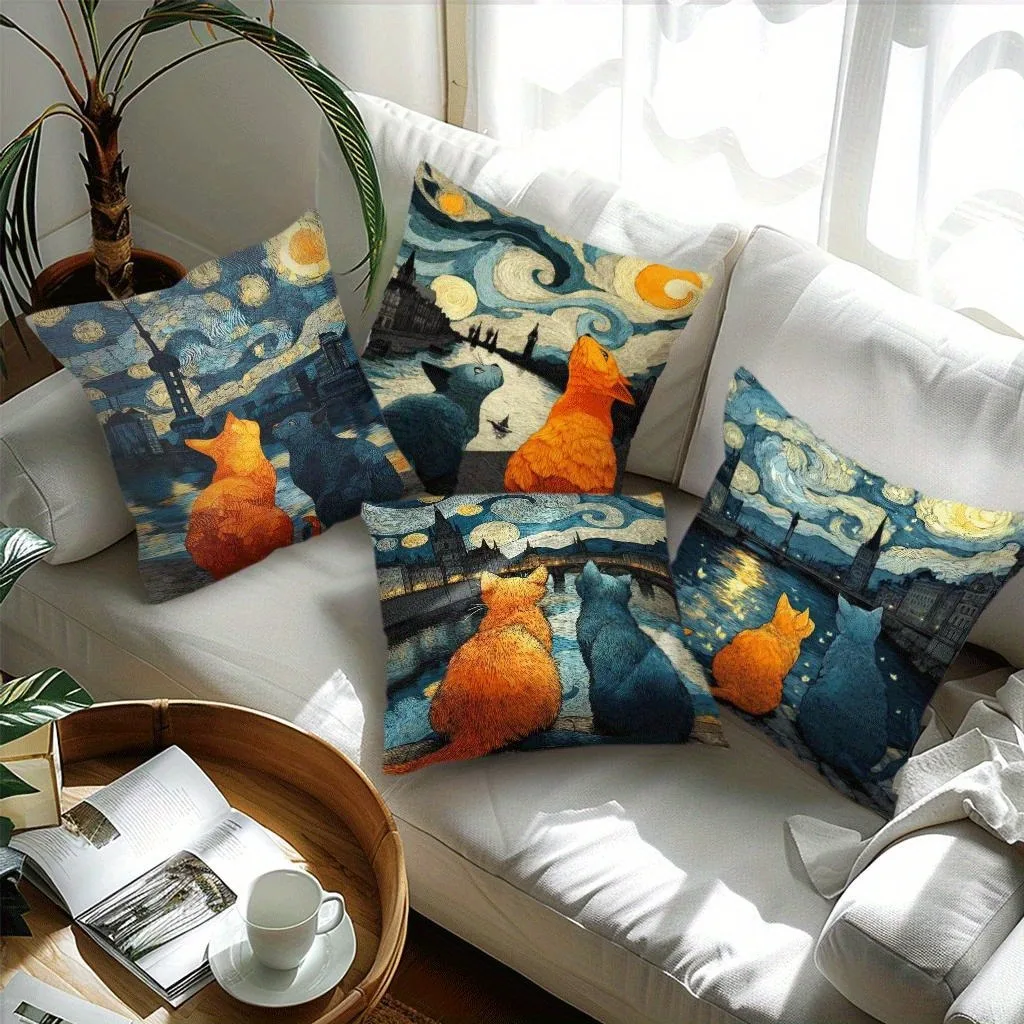 

Наволочка в стиле Ван Гога «Звездная ночь» с котом: декоративная наволочка с художественным рисунком городской пейзажа для креативного домашнего декора