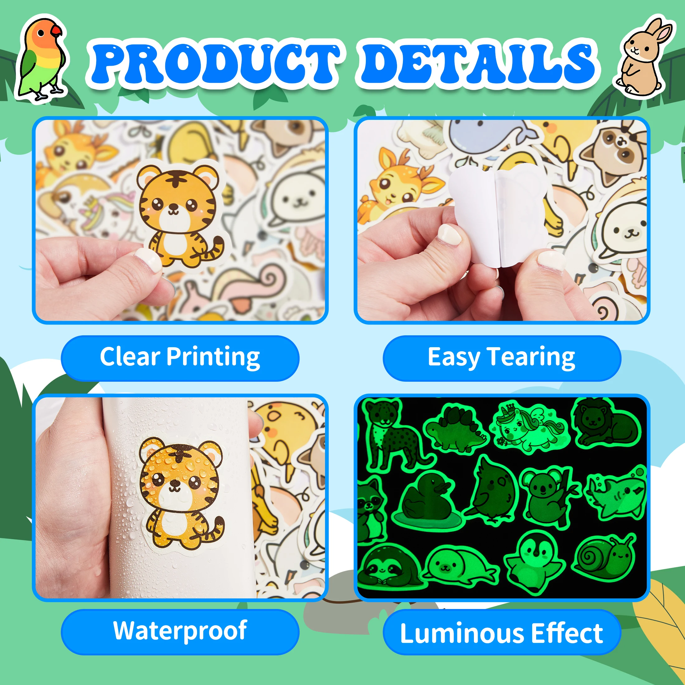 51 قطعة يتوهج في الظلام لطيف الحيوان نمط ملصقات ذاتية اللصق مقاوم للماء فيني الشارات الكمبيوتر سكيت الديكور للأطفال #3