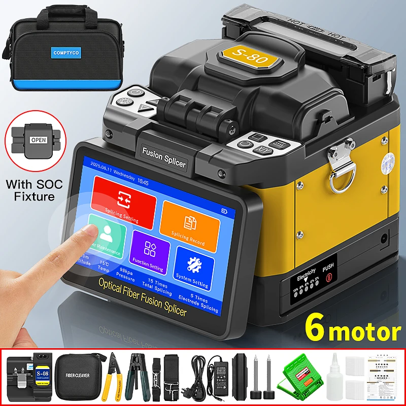 

S-80/A-80S/FS-60E/A-88S Сварочный аппарат для оптоволокна, 6 двигателей, многоязычный SM/MM, машина для термоплавления с волоконным сердечником, сенсорный экран