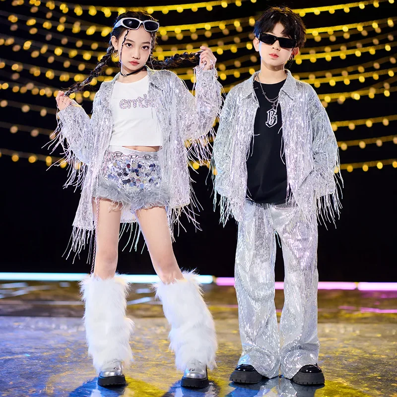 

Jazz Dance Costume Girls Sequin Tassels Coat Shorts Kids Hip Hop Performance Sets Catwalk Fashion Wear Festival Outfits