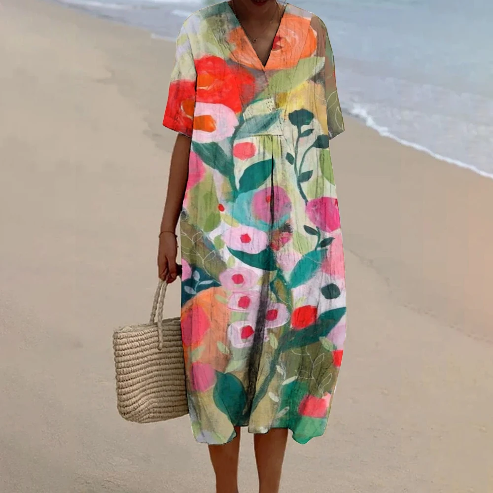 

Women's Print Flowy Linen Dress Y2K Style Hot Selling 2024 Summer Half Sleeve V-Neck Seaside Vacation Clothing Full Printing