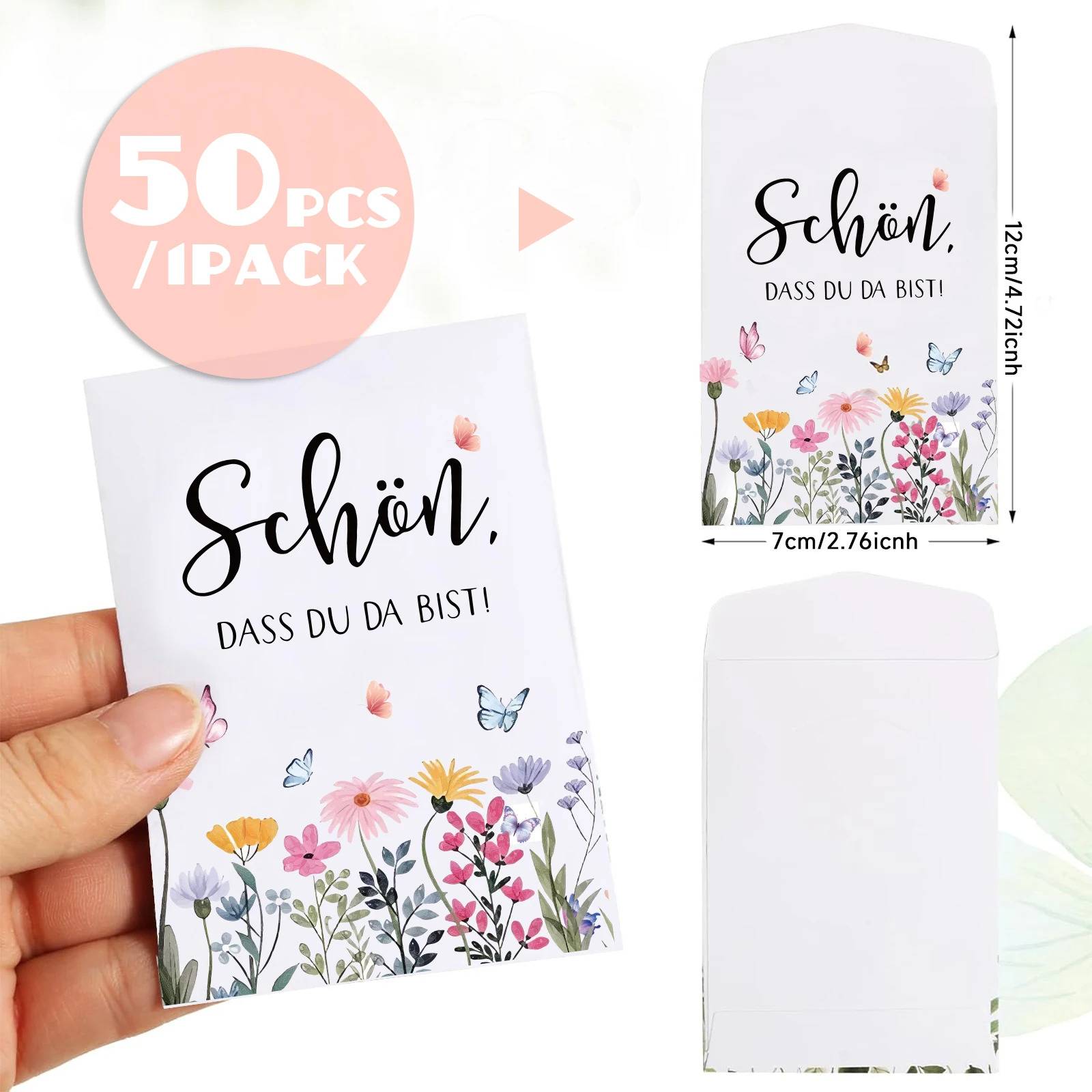 50 قطعة من أكياس البذور "Schon، Dat du daisst"، هدايا الضيوف، بذور الزهور، أكياس الهدايا، أكياس الورق، مزينة بتغليف بذور الزهور