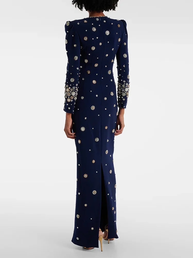 HIGH STREET Newest Fashion 2026 Designer Party Vestido Women\'s Formal Long Sleeve Luxurious Beaded Long Maxi Dress