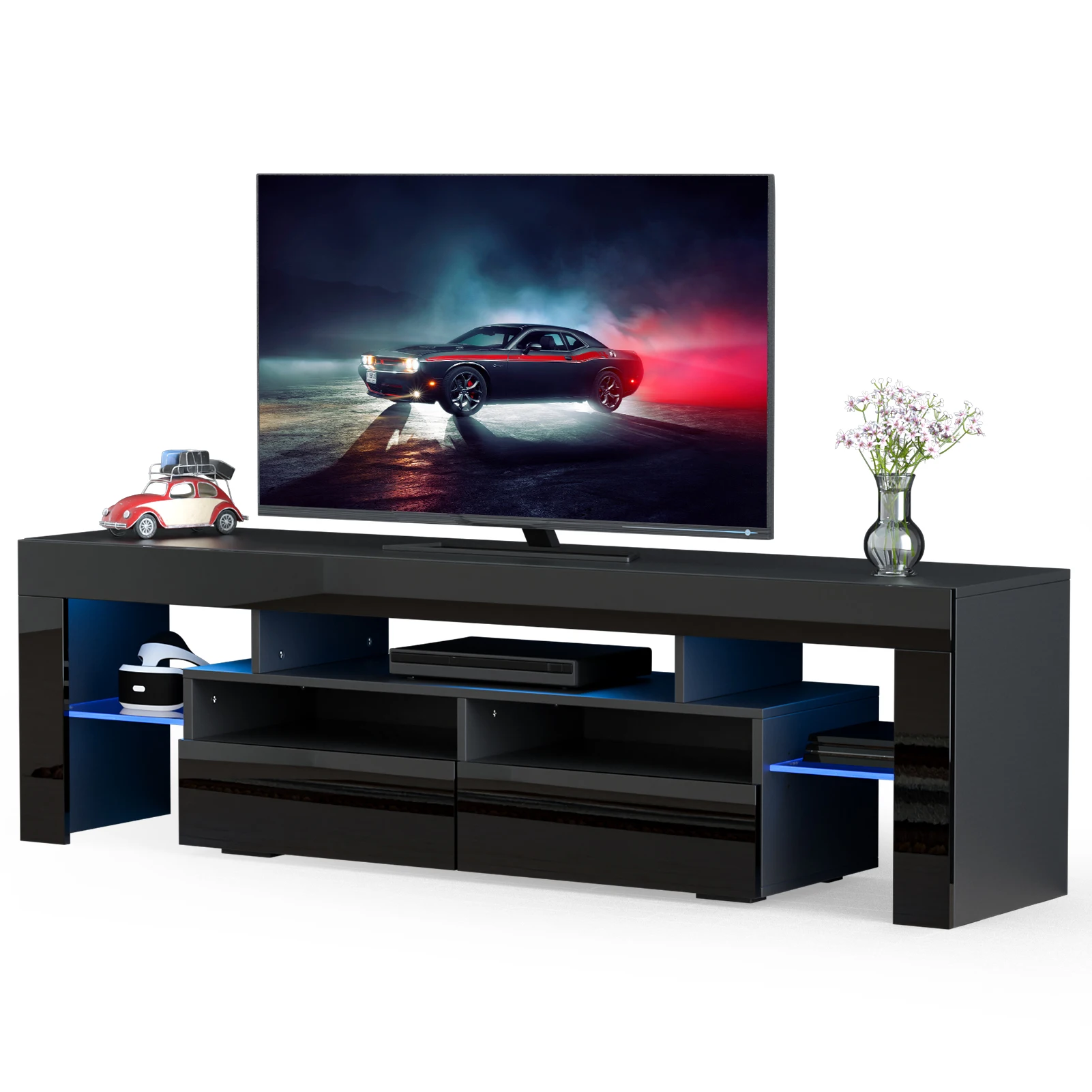 LED TV Stand for Living Room w/20 Colors Lights & Storage Shelf High Gloss TV Cabinet with Large Drawers for Gameroom/Bedroom