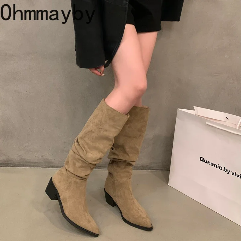 Pointed Toe Women Denim Western Cowgirl Boots Fashion Slip On Long Boots Square Heels Autumn Winter Ladies Shoes