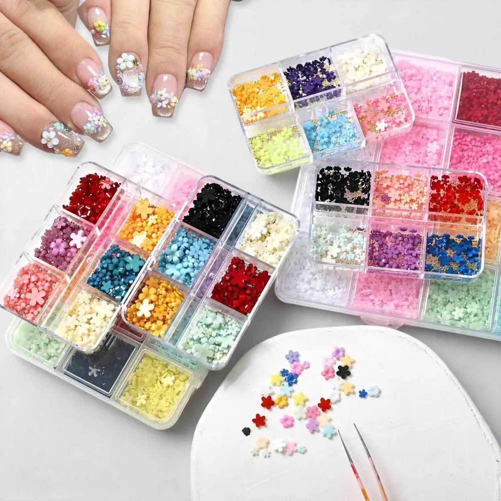 3D Flower Nail Art Decorations Colorful 5-Petal Flowers Mixed Size In 6/12/24 Slots Case, DIY Professional Nail Supplies