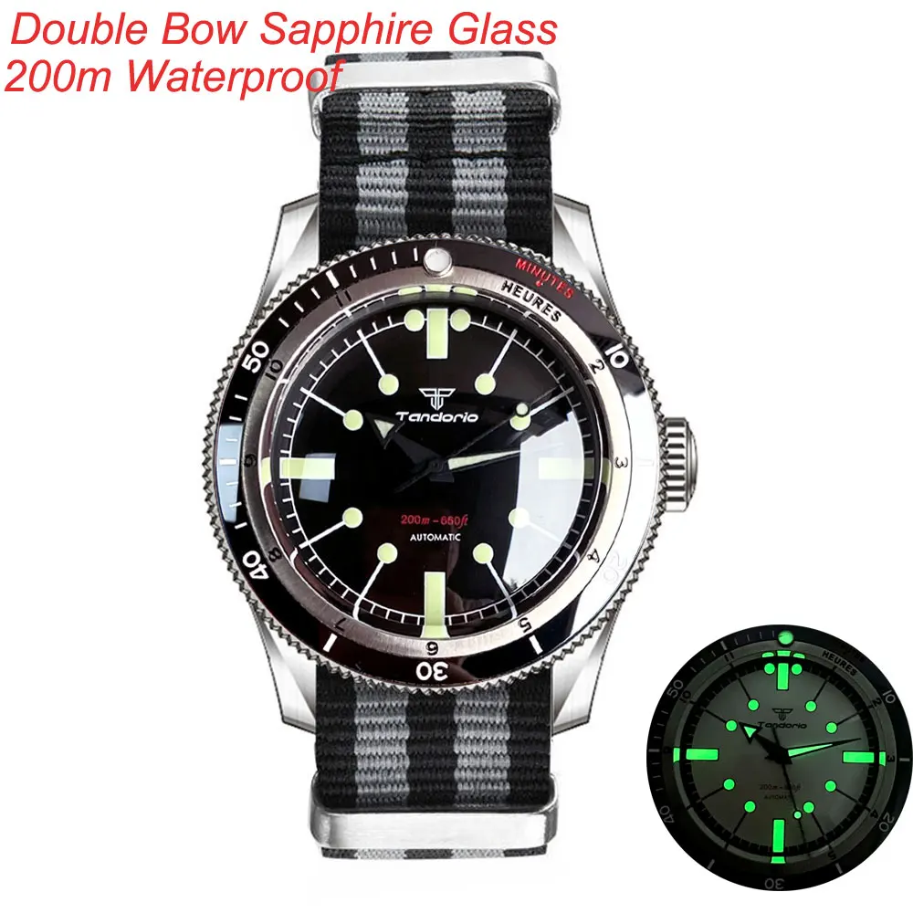 

Tandorio 20Bar Waterproof White/Black Dial Lume 40mm Automatic NH35A PT5000 For Men Watch Double Bow Sapphire Glass Nylon Strap