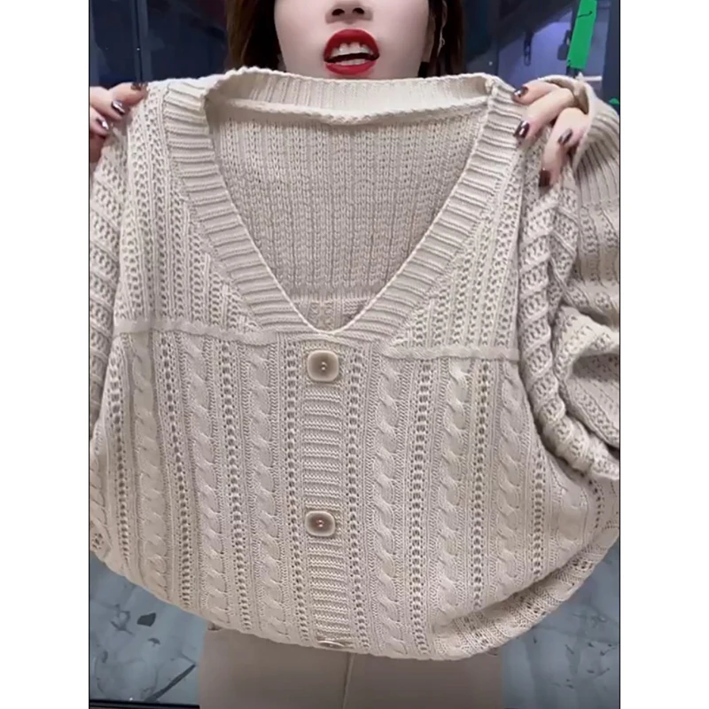 Vintage Twist Button Sweater Women Autumn Winter V-Neck Knitted Pullover All-Match Loose Long Sleeve Knitwear Pullover Plus Size