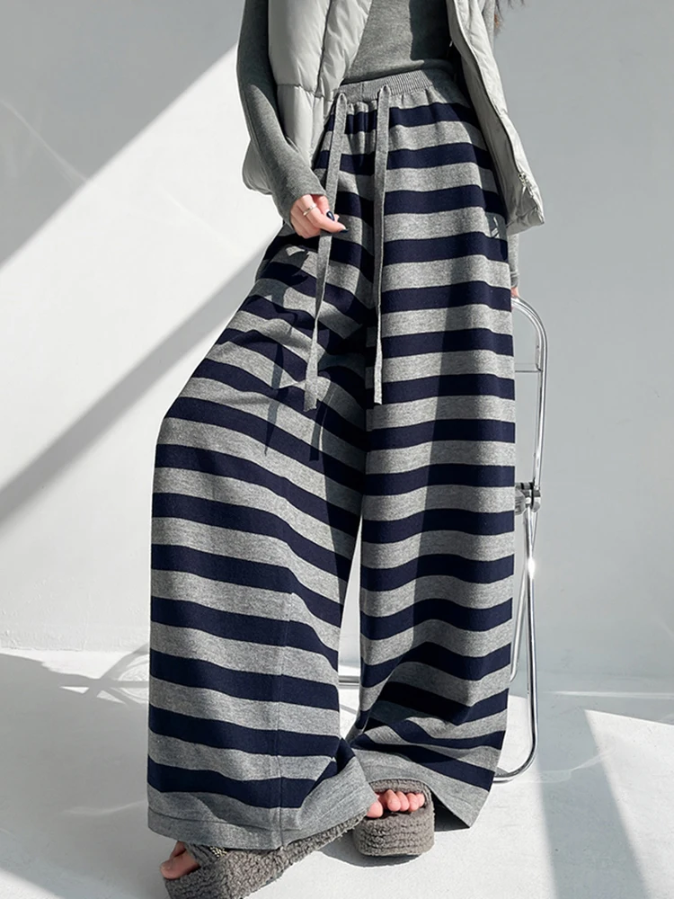 Jmprs Casual Striped Knitted Pant Women High Waist Fashion Sweet Wide Leg Trousers Korean Chic Fall Winter Female Elegant Pants