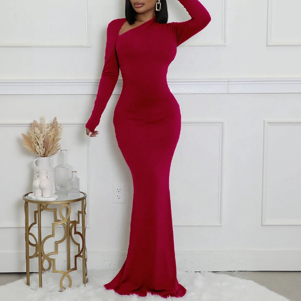 Herfst-winterjurk Rechte mouw Ronde hals Halflange A-lijn Rokstijl Europese mode Body Fit damesjurk