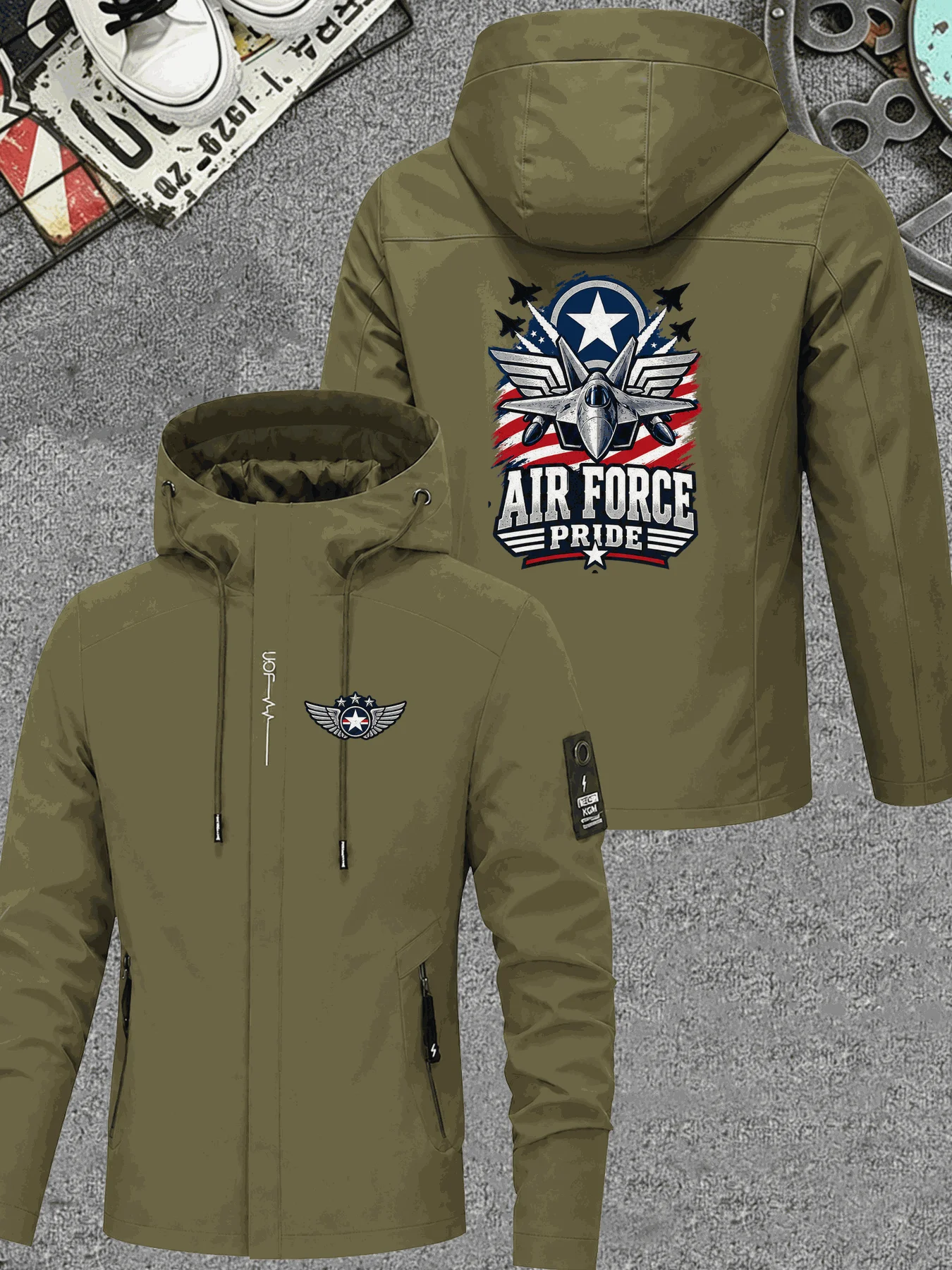 Men Hooded Jacket Air Force Pride Graphic Print Zip Up Windbreaker Casual Streetwear Autumn Coat