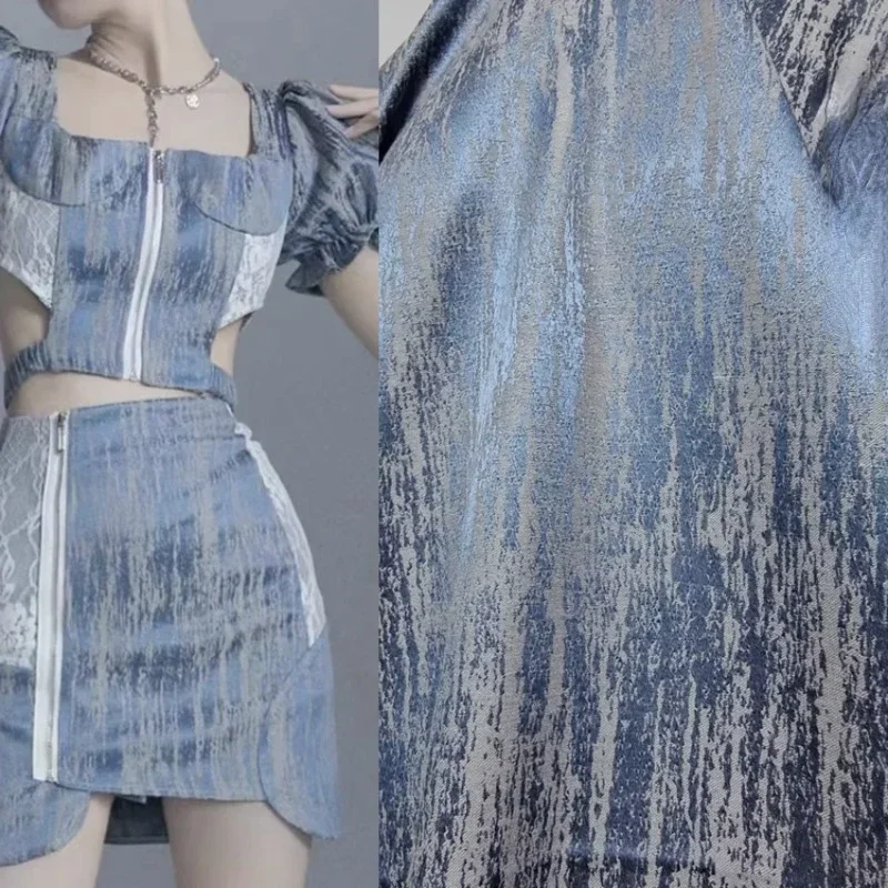 

Textured Jacquard Fabric Blue Gray Luster Bulletless Jacket Dress Clothing Apparel Sewing Fabric Pure Polyester Material