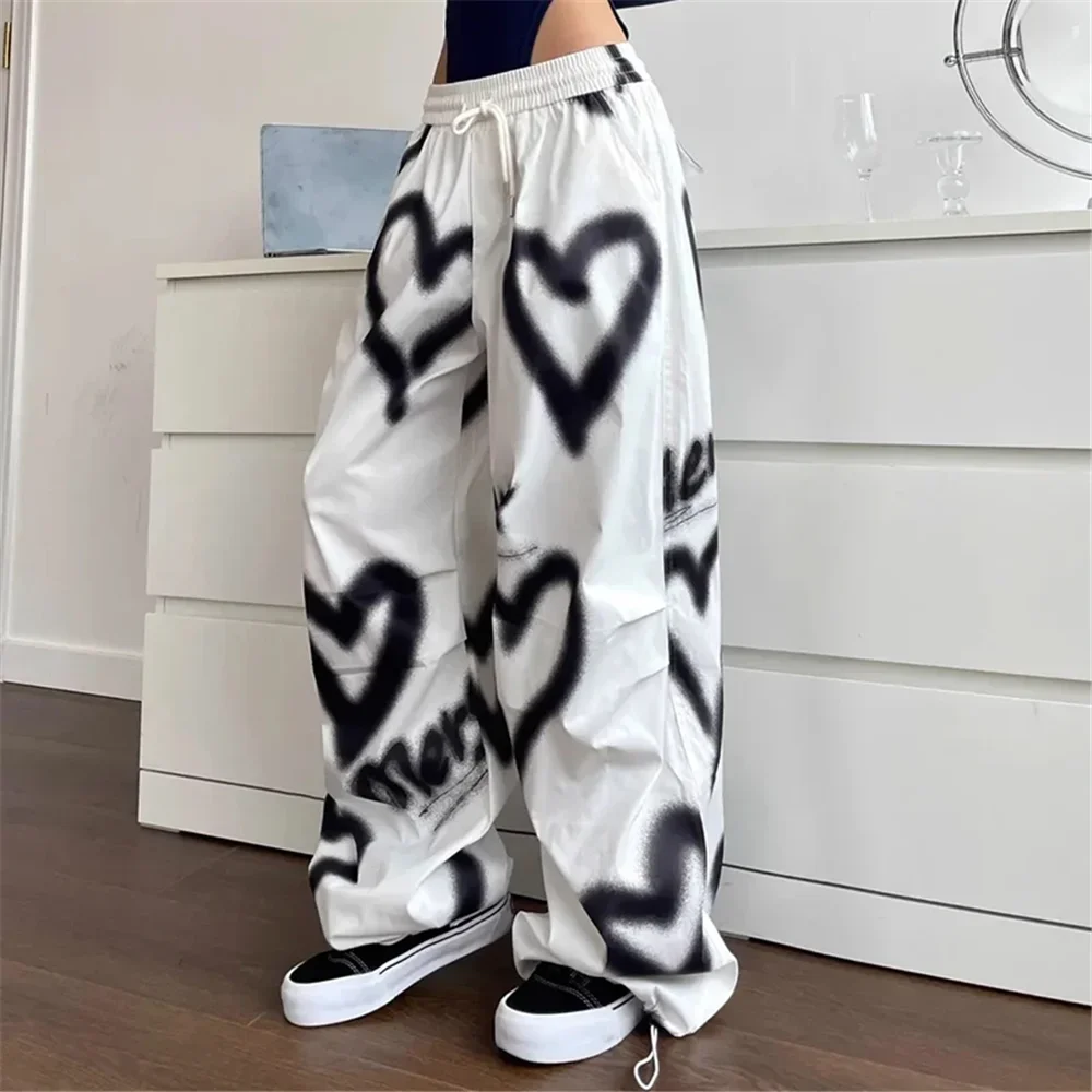 

Love Graffiti Wide Leg Pants Women Y2K Elastic High Waist Streetwear Loose Drawstring Jogging Trousers Korean Casual Sweatpants