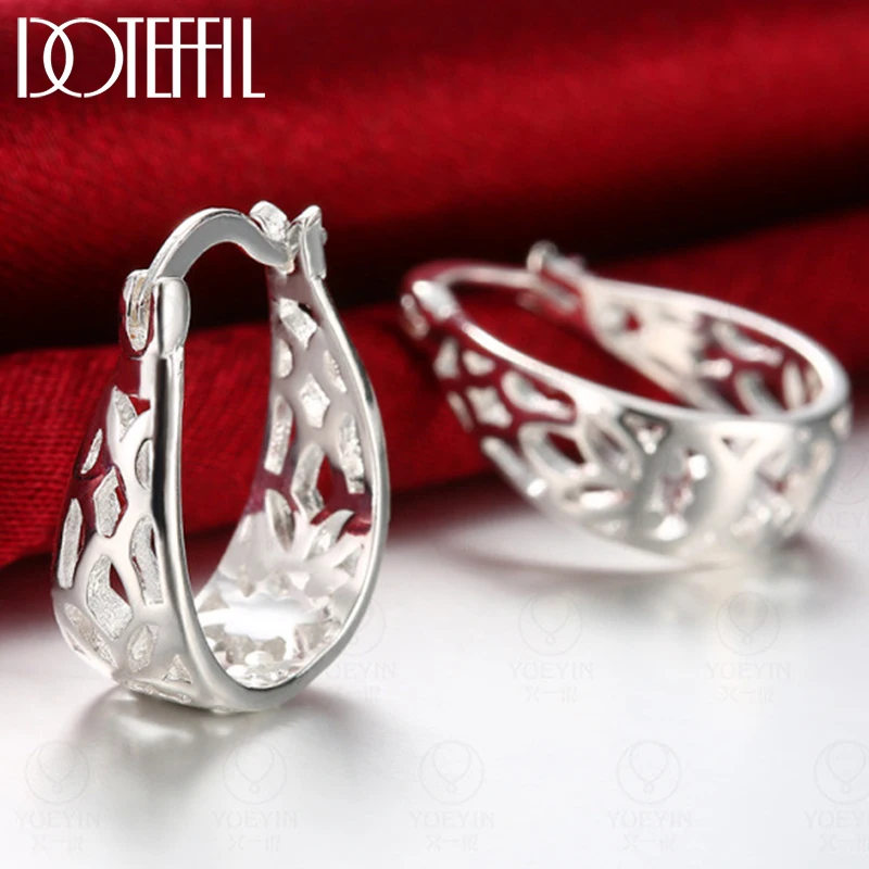 DOTEFFIL 925 Sterling Silver Geometric Hollow Hoop Earring For Woman Charm Zaręczyny Impreza Ślub Biżuteria Prezent