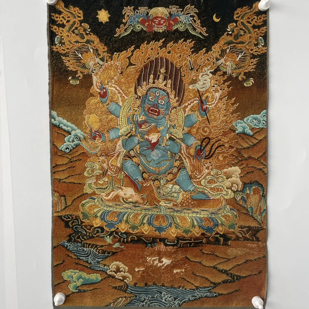 

35"Thangka Embroidery Tibetan Buddhism silk brocade Six Arm Mahakala Thangka hanging screen Worship Hall Town house