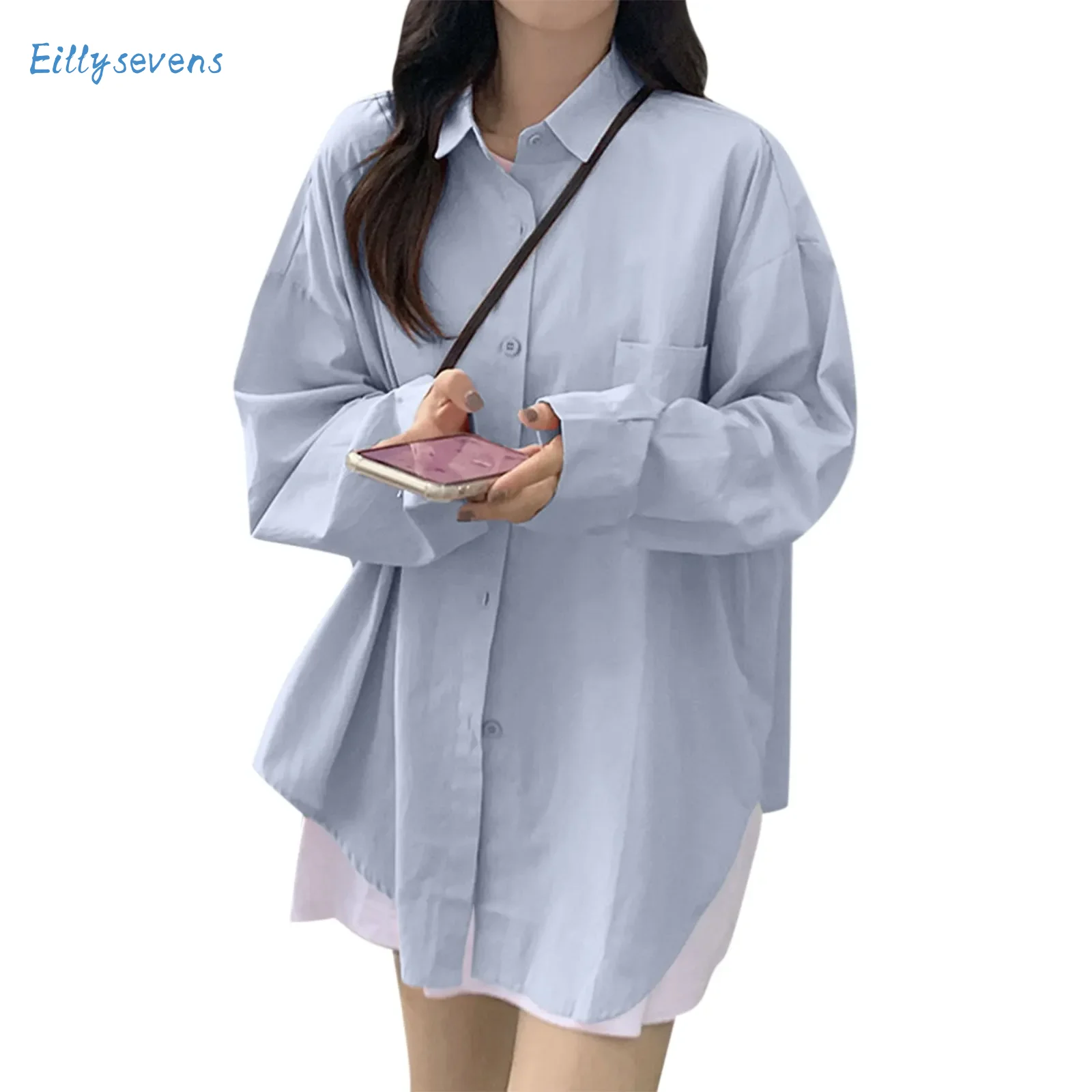 

Women Casual Lapel Shirts Fashion Classic Simple Solid Button Long Sleeved Blouse Tops With Pockets Trend Boyfriend Style Shirts