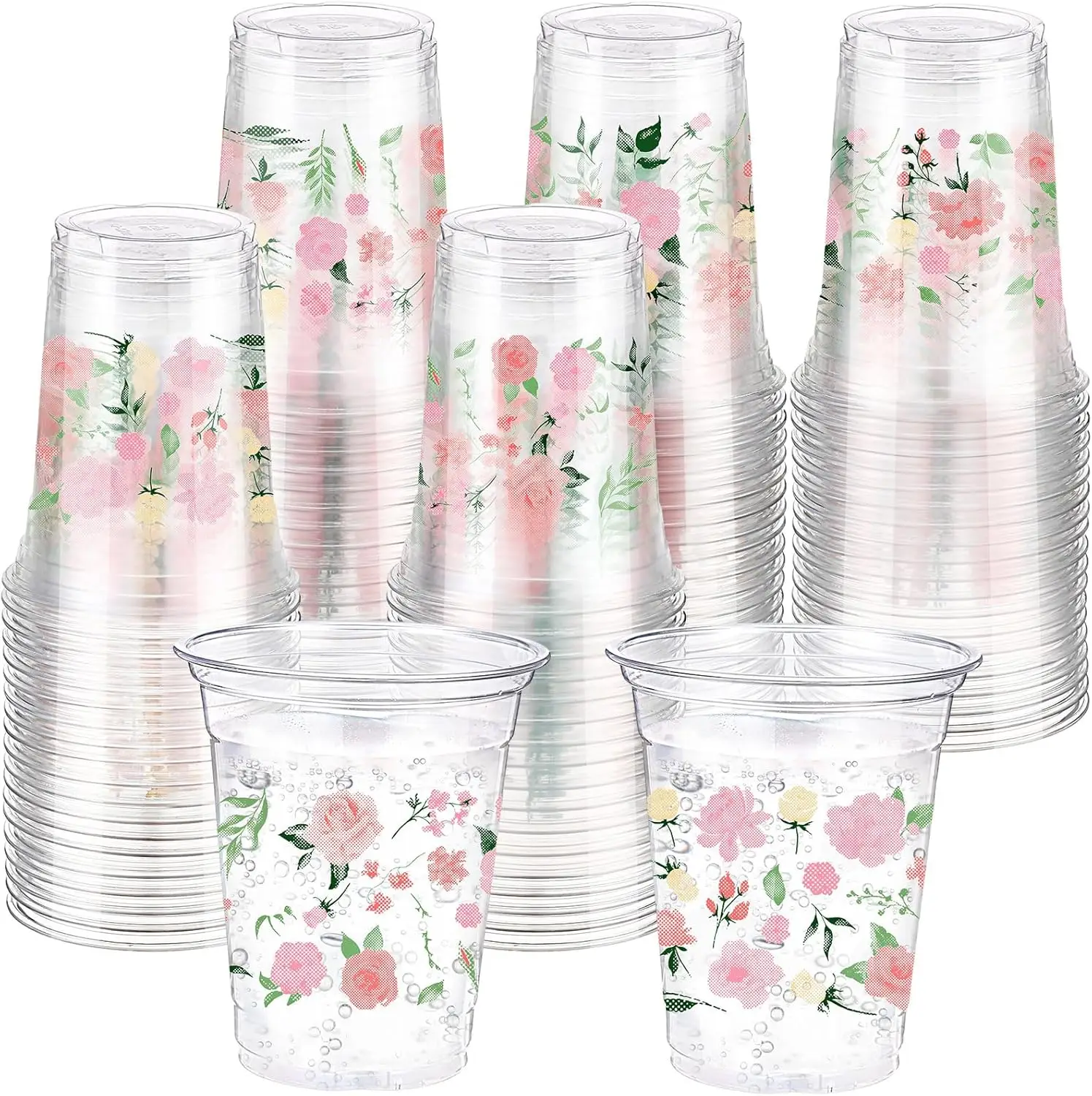

60 Pcs Pink Floral Cups with Spring Summer Flower 16 oz Wildflowers Plastic Disposable Drinking Cups for Summer Spring B
