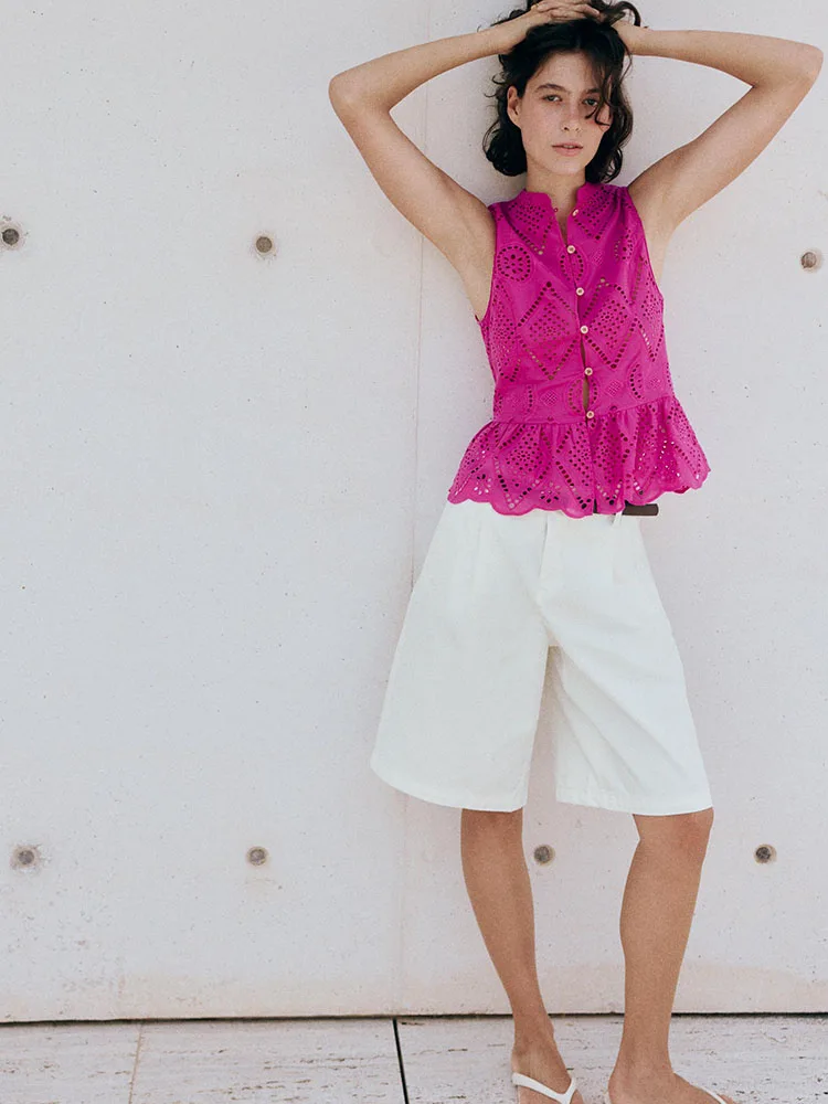 Fashionable Embroidered Hollow out Nine-Point  Skirt Style Top Women's Summer New Arrival Clothing Sleeveless Tang Suit