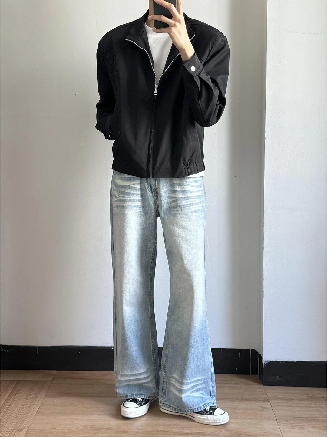 

Light Blue Jeans Men's Loose High Waist Washed Wide Leg Pants Knife Flared Long Trousers Cleanfit Style