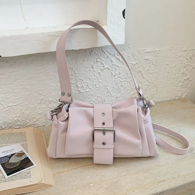 Fashion Design Belt Buckle Pink Shoulder Bag for Women 2026 New Soft PU Crossbody Bags Luxury Party Underarm Handbags